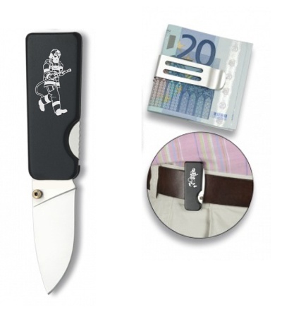 Černý nůž s hasičem a sponou na bankovky
