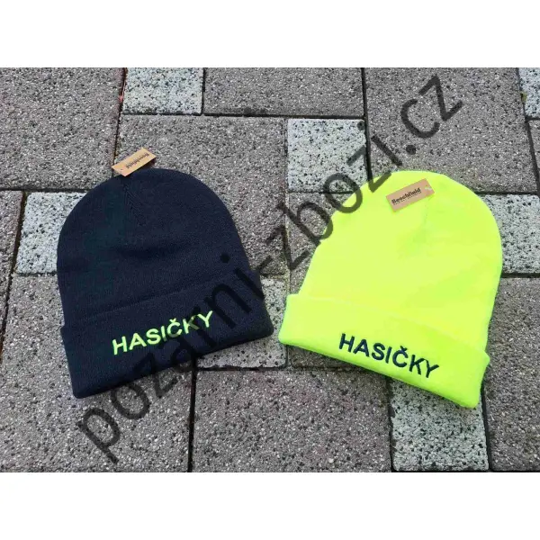 Hasičská zimní čepice, pletený kulich s nápisem HASIČKY