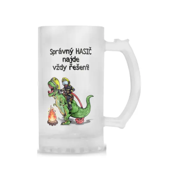 Hasičský skleněný půllitr, korbel na pivo se Soptíkem