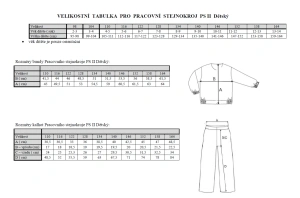 Pracovní stejnokroj PS II pro děti a mládež velikostní tabulka